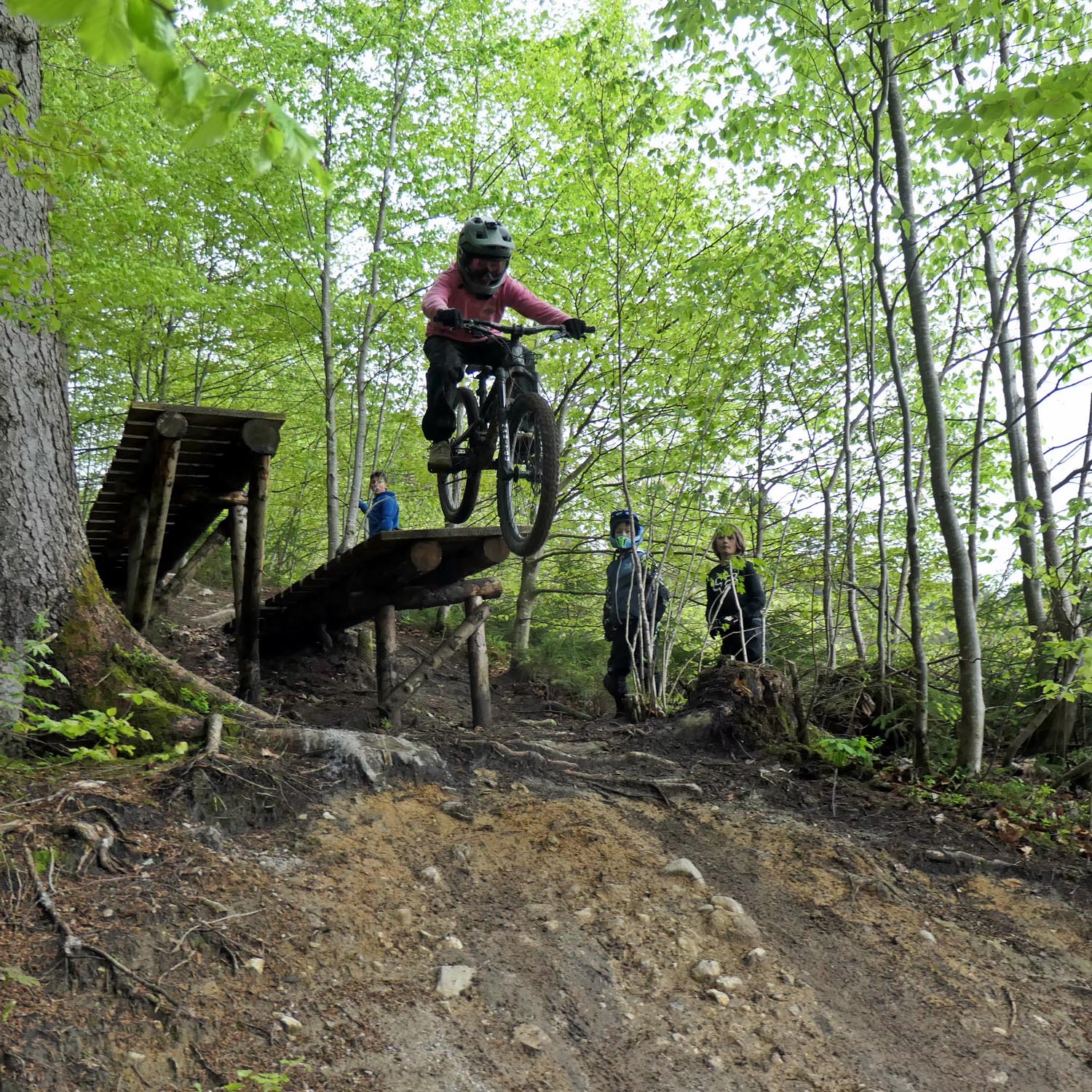Mutprobe auf der Natural Drop Line MTB Dropzone beim Kinderkurs in Oberammergau